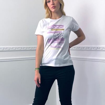 T-Shirt mit lila Blattmuster