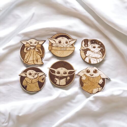 Set of 6 Baby Yoda Wood Coasters - Cup Holders