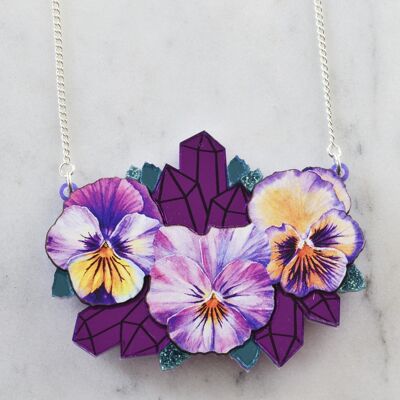 Watercolour Pansy & Mirror Amethyst Crystal Geode Necklace