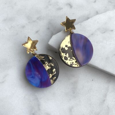 Pendientes colgantes de fase lunar - dorado y morado