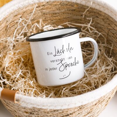 A smile can be understood in any language - enamel mug