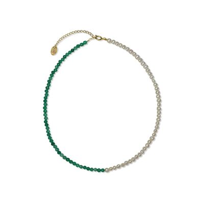 CO88 Halskette mit smaragdgrünen Facettensteinen facettiert und weißen Perlen IPG