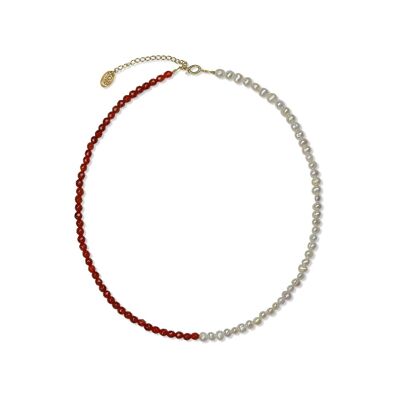 Collar CO88 con piedras facetadas rojas y perlas blancas IPG