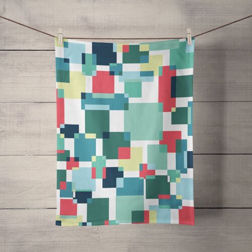 Colour Block Tea Towel with Green, Red and Lemon Squares Design, Dish Towel, Kitchen Towel