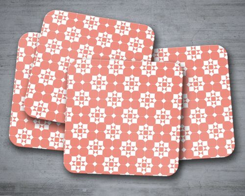 Coral and White Geometric Tiles Design Coasters, Table Decor Drinks Mat