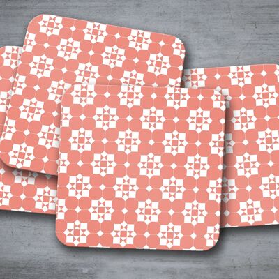 Coral and White Geometric Tiles Design Coasters, Table Decor Drinks Mat