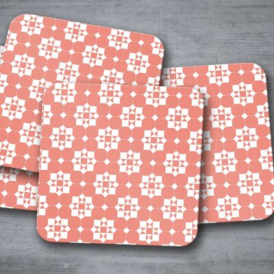 Sottobicchieri di design di piastrelle geometriche bianche e corallo, tappetino per bevande da tavola