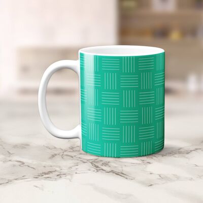 Taza geométrica de líneas verdes y blancas, taza de té o café