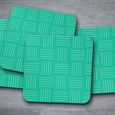 Dessous de verre verts avec des lignes géométriques blanches, tapis de boissons de décoration de table