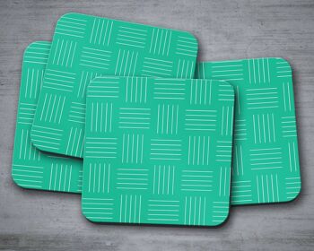 Dessous de verre verts avec des lignes géométriques blanches, tapis de boissons de décoration de table
