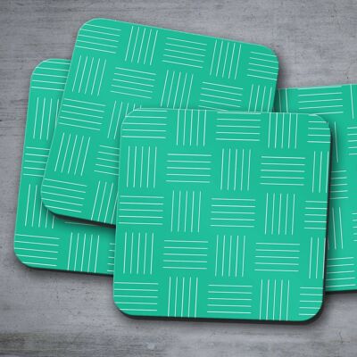 Green Coasters with White Geometric Lines Design , Table Decor Drinks Mat