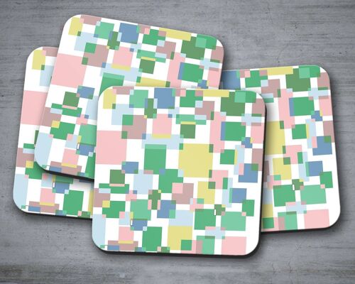 Green Colour Block Geometric Squares Design Coasters, Table Decor, Drinks Mat