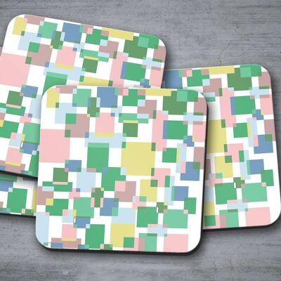 Green Colour Block Geometric Squares Design Coasters, Table Decor, Drinks Mat