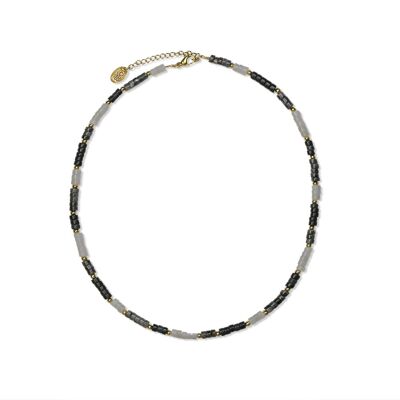 CO88 Halskette mit weißer Jade, schwarzem Achat und schwarzen Labradoritperlen IPG