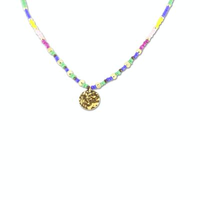 Collier CO88 perles colorées avec pendentif rond martelé IPG