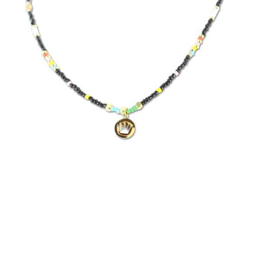 CO88 necklace colored beads w/ pendant crown IPG