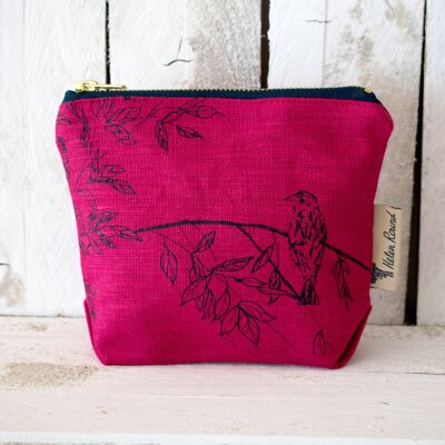 Bird Make Up Bag Pure Linen - Raspberry