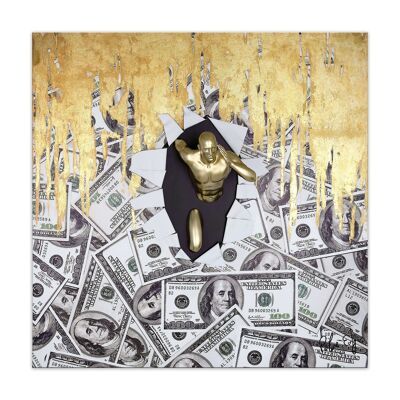 ADM – Gemälde „Dollars Breaking“ – Farbe Gold – 80 x 80 x 20 cm