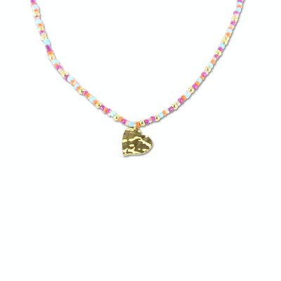 Collier CO88 perles colorées avec pendentif coeur martelé IPG