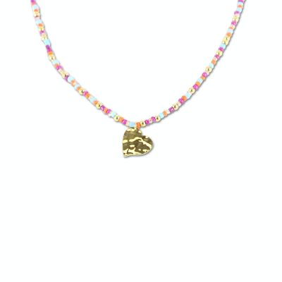 CO88 necklace colored beads w/ pendant heart hammered IPG