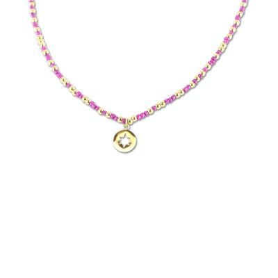 CO88 necklace pink beads w/ pendant round w/ star IPG