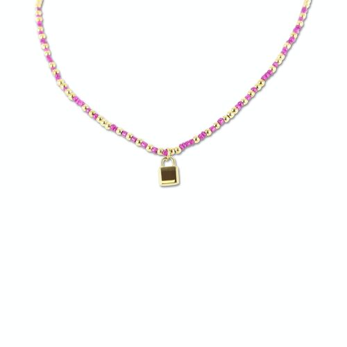 CO88 necklace pink beads w/ pendant lock IPG