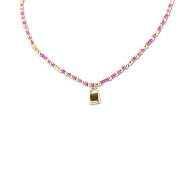 Collana CO88 perline rosa con lucchetto pendente IPG