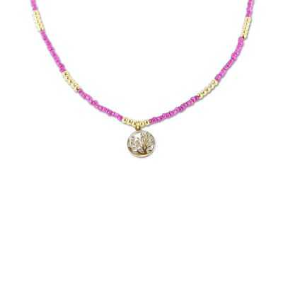 CO88 necklace pink beads w/ pendant tree IPG