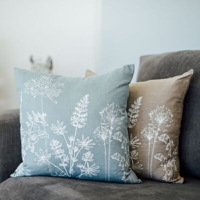 Floral Cushion in Pure Linen - Garden Collection - Duck Egg Blue - Cushion Cover Only
