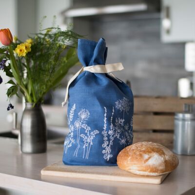 Breathable Linen Bread Bag Garden Design - Indigo