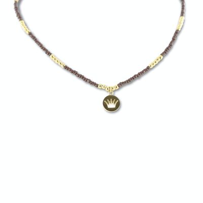 CO88 necklace brown beads w/ pendant crown IPG