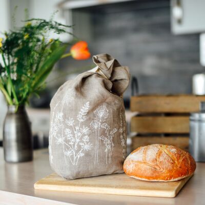 Breathable Linen Bread Bag Garden Design - Natural