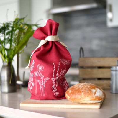 Breathable Linen Bread Bag Garden Design - Raspberry