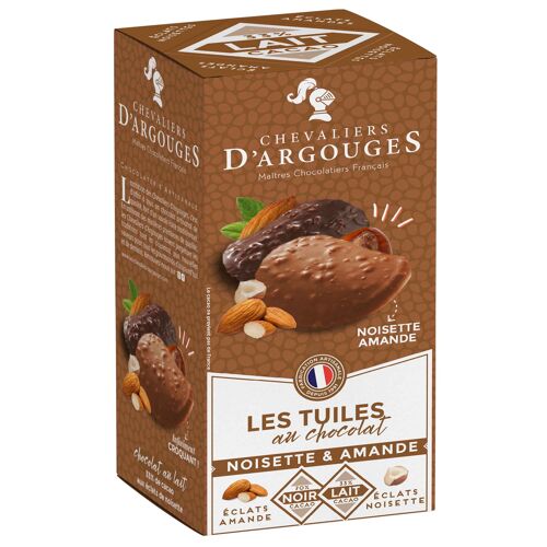 ÉTUI - TUILES AU CHOCOLAT ASSORTIES ÉCLATS DE NOISETTES CHOCOLAT LAIT 33% DE CACAO - ÉCLATS D'AMANDES CHOCOLAT NOIR 70% DE CACAO