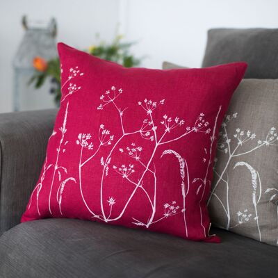 Floral Linen Cushion with the Hedgerow Design - Raspberry - Cushion Cover Only