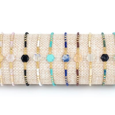 Armbänder Mineralsteine Hexagon und japanische Perlen.
