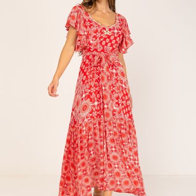 LANGES BEDRUCKTES KLEID 100 % VISKOSE PR9133V_RED