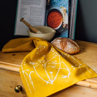 Pure Linen Tea Towel Hedgerow Design - Mustard