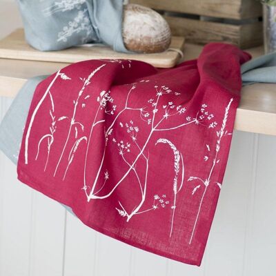 Pure Linen Tea Towel Hedgerow Design - Raspberry