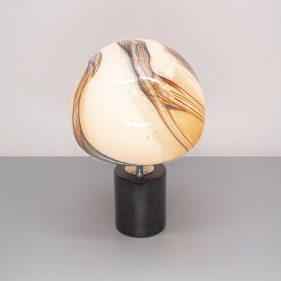 Lámpara de mesa de cristal | Soplado a mano | forma de hongo | Base de mármol negro calcita de tigre | 22cm