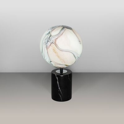 Glaslampe Tischlampe | Mundgeblasen rund | Rosa Calacatta-Farbe mit schwarzem Marmorsockel