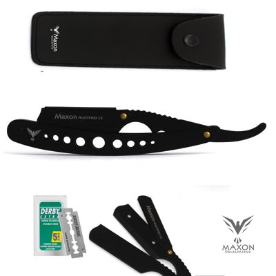 Maxon 9H Luxury Shavette Barber Knife - Navaja abierta de acero inoxidable negro mate