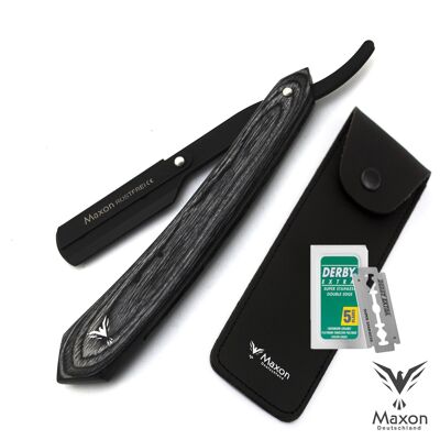 Couteau de barbier classique Maxon Luxe Shavette - Rasoir ouvert en bois anthracite