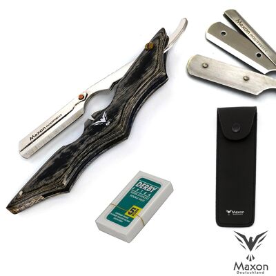 Coltello da barbiere Maxon Luxe Shavette Classic - Rasoio aperto di legno