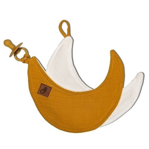 Dou dou with a pendant made of organic cotton cozy muslin pacifier keeper Moon Mustard