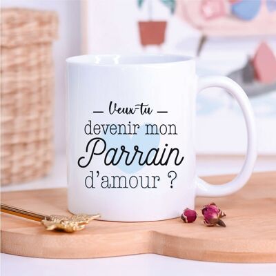 Taza blanca "¿Quieres convertirte en mi padrino del amor?"