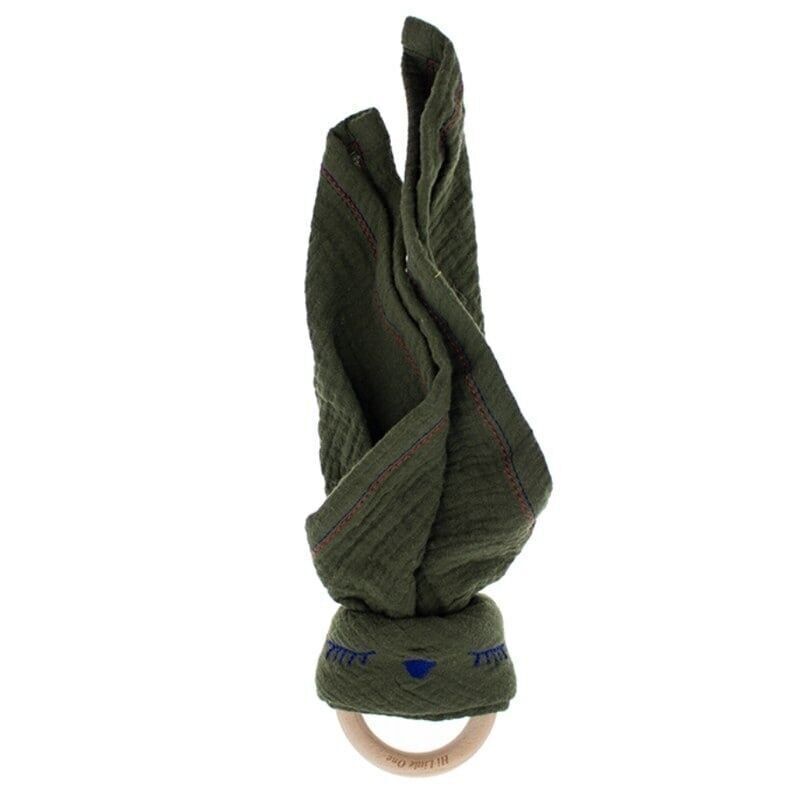 Doudou en coton bio Sleepy Bunny mousseline douillette avec anneau de dentition en bois Green Hunter