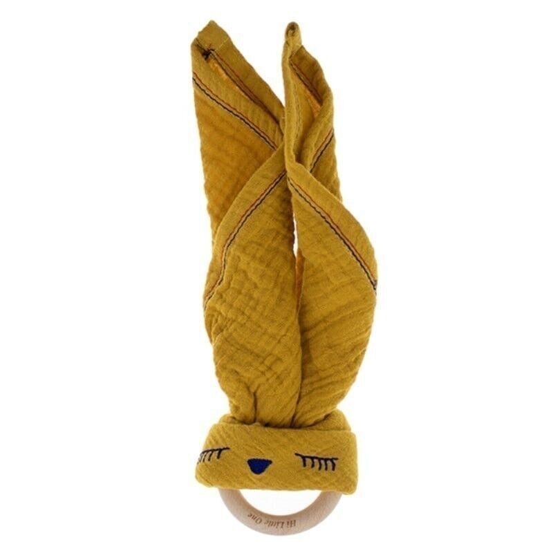 Doudou en coton bio Mousseline douillette Sleepy Bunny avec anneau de dentition en bois Moutarde
