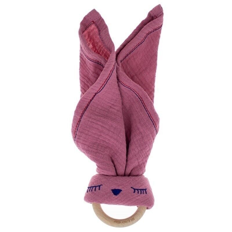 Doudou en coton bio Mousseline douillette Sleepy Bunny avec anneau de dentition en bois Rose foncé