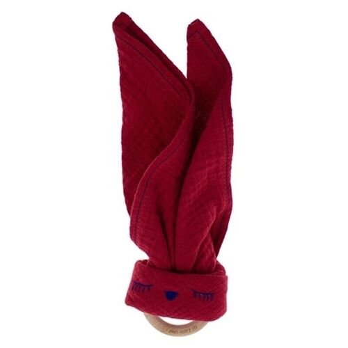 Organic cotton cuddle Sleepy Bunny cozy muslin with wood teether Strawberry